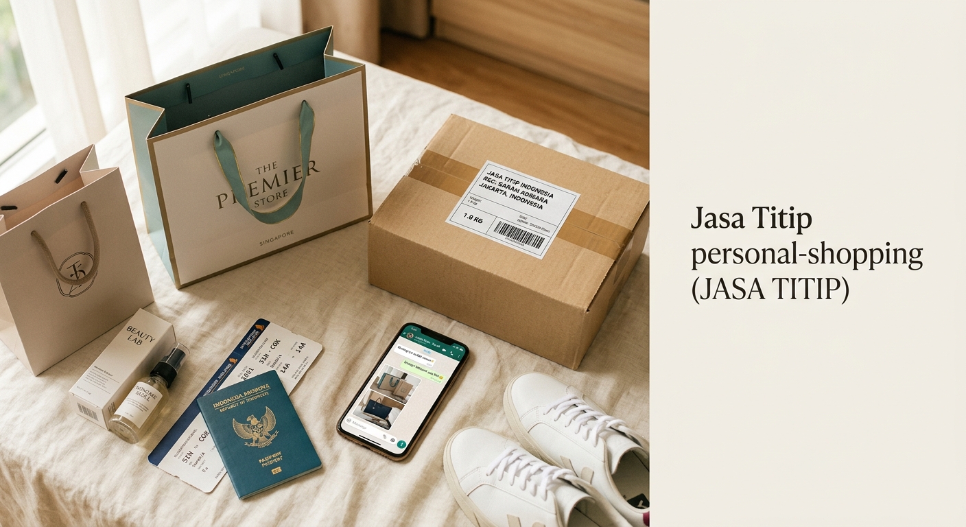 Tas belanja butik, paket siap kirim, paspor, ponsel, dan sneakers tertata di atas kain linen